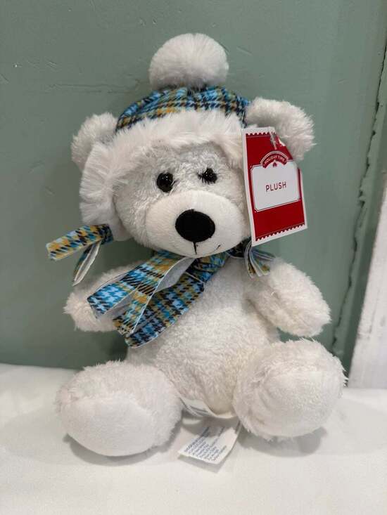 Hugfun Other - Hugfun Winter White Teddy Bear Plush with Blue Plaid Trapper Hat and Scarf